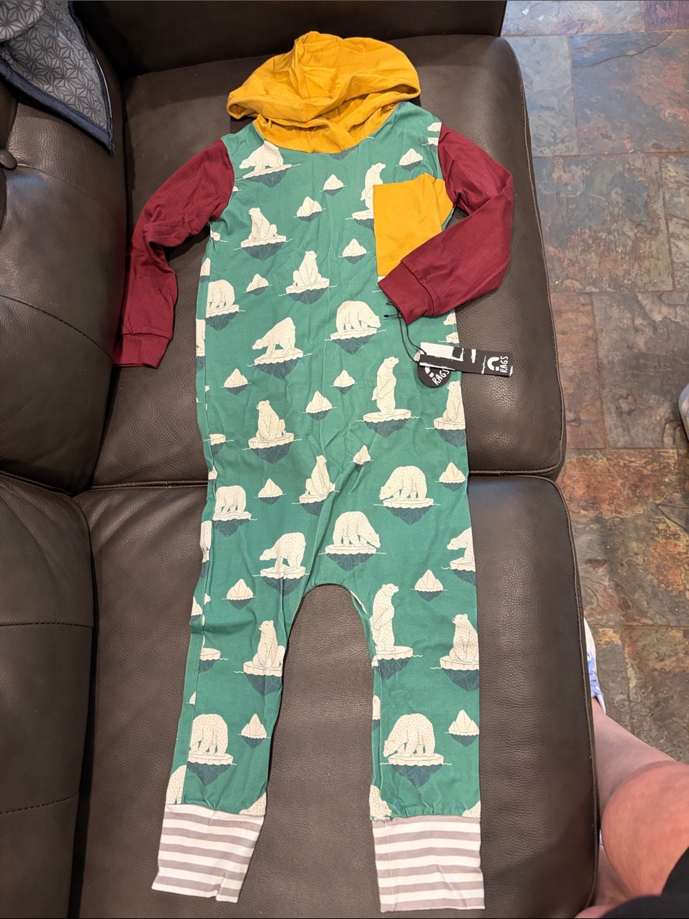 Kids Green Polar Bear Print Hooded One-Piece with Maroon Sleeves